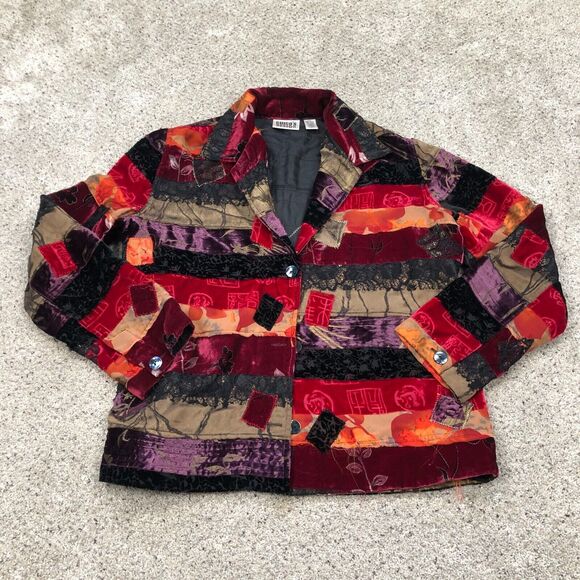 VTG Chicos Jacket Womens Medium 1 Red Silk Blend Geometric Quilted Blazer 90s - Picture 1 of 9